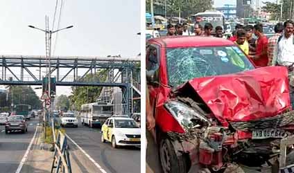 চিংড়িহাটায় ফের ভয়াবহ দুর্ঘটনা, পথচারীদের ধাক্কা মেরে গাড়ি আটকাল গার্ড রেলে, গুরুতর জখম আট জন